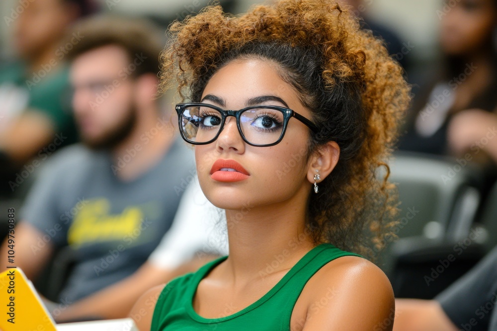 Poster a student taking notes in a university lecture hall, with a notebook open and focused concentration 