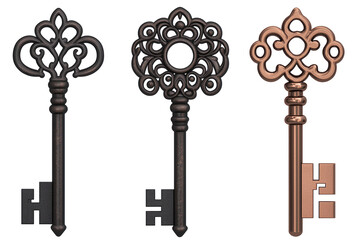 Three ornate vintage keys on a white isolated background. isolated on transparent background.