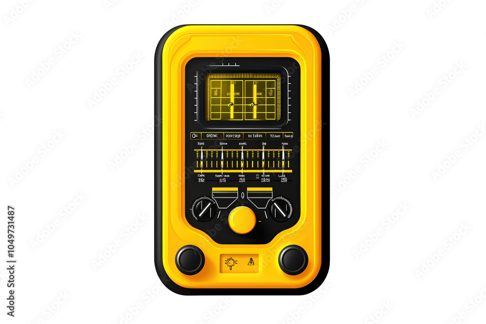Poster yellow portable radio with analog display and controls, isolated on white background. isolated on tr