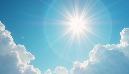 Bright sun shining above fluffy clouds