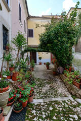 Naklejka premium A street between the old houses of Alvito in Lazio, Italy. 