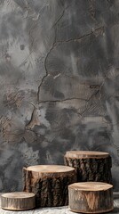 Wooden podium with eucalyptus branches on dark background