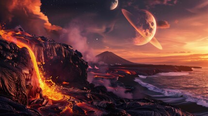 A captivating view of a remote volcanic island with cascading lava and a rare, vivid planetary conjunction forming a celestial arc above the fiery landscape, Volcanic island scene