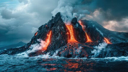 A captivating view of a volcanic island rising from the ocean, with lava flows meeting the sea and steam rising, Volcanic scene