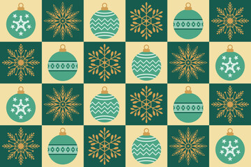 Christmas seamless pattern. Snowflakes,  Christmas ball and ornaments background design for decoration on Christmas card, banner, wrapping, wallpaper, textile, fashion.