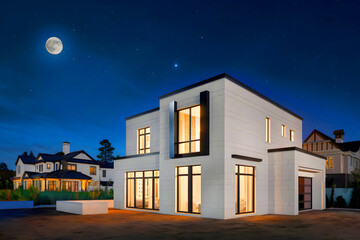 New construction luxury house exterior at night.