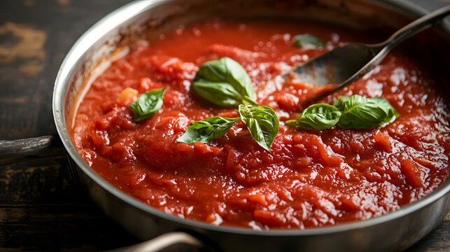 A large bowl of red tomato sauce with a few pieces of basil on top