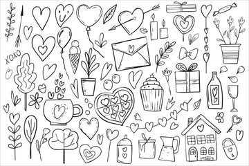 Valentine's Day Romantic Vector Doodle Set: Hand-Drawn Hearts, Love Symbols, and Sweet Accents