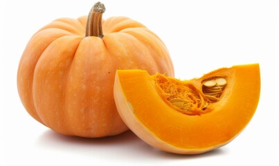 Obraz premium Whole orange pumpkin and slice of pumpkin isolated on white background. Clipping Path. Full Depth of field. Focus stacking