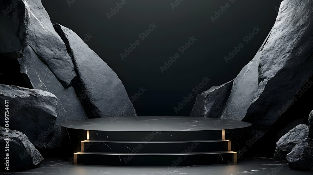 Poster 3D Rendering of a Black Marble Platform with Rocks