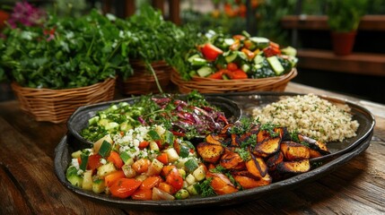 Fresh Organic Vegan Meal on Wooden Table Surrounded by Greens