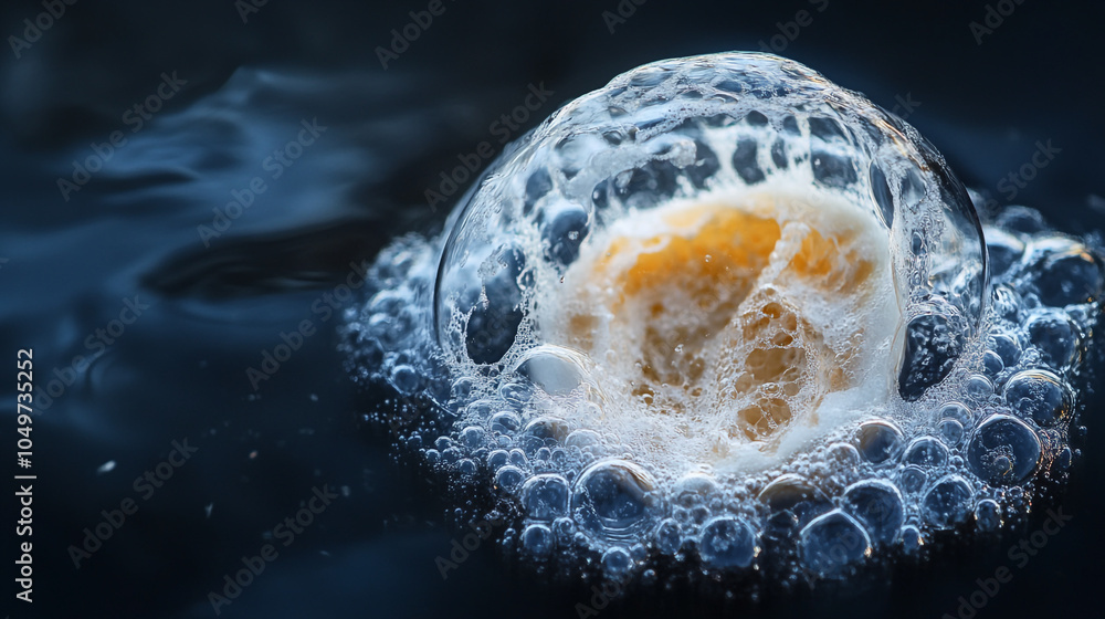Poster bubbles forming around a yellow object submerged in dark water illuminated by soft light
