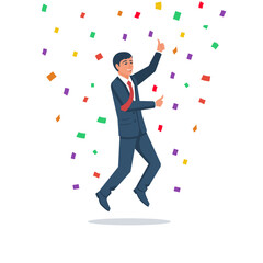 Successful businessman jumping against the background of confetti and streamers. Happy man with likes expressing positive. Vector illustration flat design. Cartoon style. Shows gesture cool.