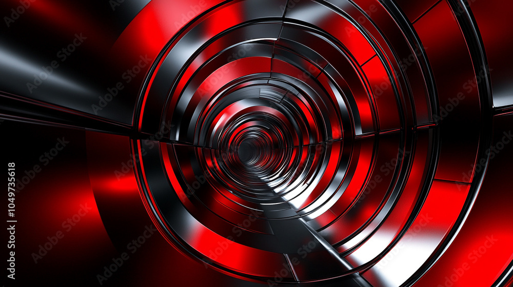 Poster swirling red and black tunnel design with metallic textures inviting exploration and intrigue