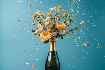 A bursting champagne bottle is captured as it releases a cascade of blooming flowers, representing joy, abundance, and a celebration of nature's vibrant beauty.