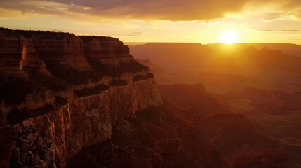 A captivating view of the Grand Canyon at sunset with the sky painted in hues of orange and pink, Canyon landscape, Majestic style