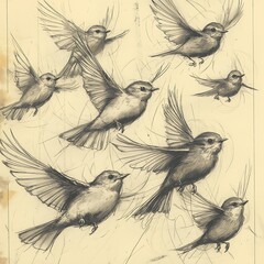 Fototapeta premium Black and white sketch of birds in various poses, depicted in a simple, minimalist style