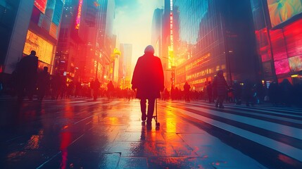 Silhouette of a Person in a City at Sunset