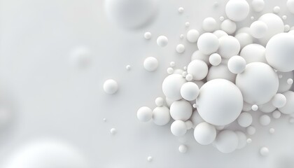 White spheres of balls on a gray background. Snowy white balls. Flowing white soft spheres. Abstract background with dynamic 3d spheres. Suspended balls on a white background.