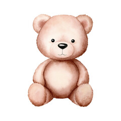 Cute soft brown teddy bear isolated on white background. Watercolor hand drawn illustration. Art for design