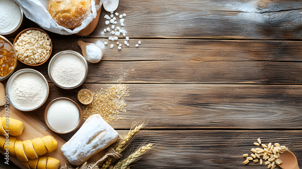 Wall mural a wooden table with a variety of food items including bread, potatoes, and sugar