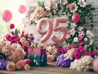 Numbered 95th birthday balloons with gifts