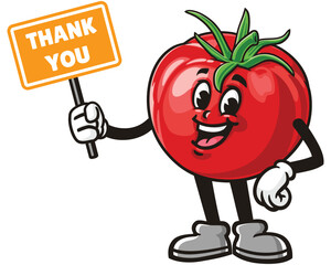 Tomato holding thank you sign, Cartoon Mascot Illustration Character Vector Clip-art Hand-drawn Logo Design