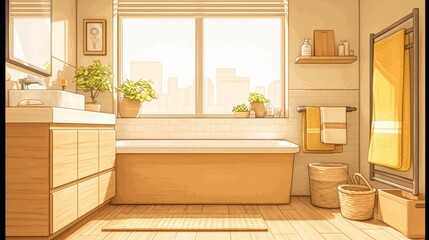 Modern Bathroom Illustration with Bathtub, Sink, and City View