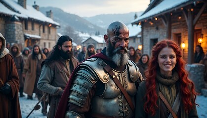 Obraz premium a group of people are standing in front of a mountain.