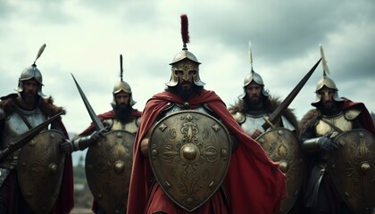 Naklejka premium a group of knights with armor and armor with a red cape.