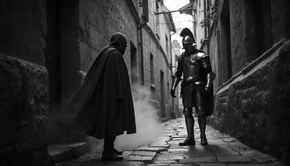 a knight and a knight in a knight costume stand in a street.