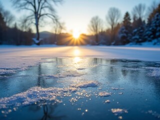 Sunrise over a frozen lake with patches of ice reflecting the morning light, surrounded by snow-covered trees and capturing the serene beauty of winter