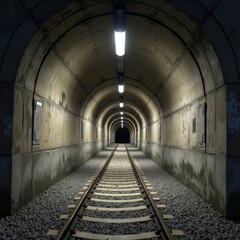 Railway tunnel with concrete walls and gravel tracks illuminated by overhead lighting, creating a symmetrical perspective in an industrial setting