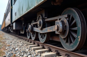 Detailed view of an antique train undercarriage with rusted wheels and mechanical linkages, highlighting the aged components and industrial design of a vintage railway carriage