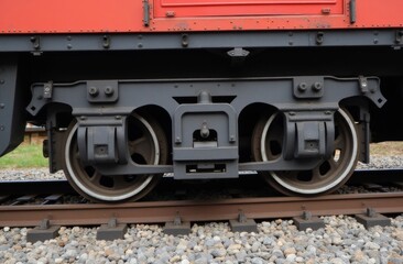 Detailed view of a train undercarriage on gravel tracks, focusing on the wheels and metal framework of a vintage carriage in a historical railway setting