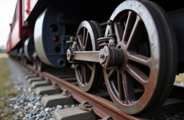 Fototapeta premium Close-up view of vintage train wheels on railway track, emphasizing the mechanical parts and rustic details of a historic locomotive in a heritage railway setting