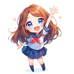 A cute anime girl with long brown hair wearing a sailor uniform and waving with a bright smile.