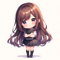 A cute anime girl with long brown hair and purple eyes is wearing a school uniform. She is holding a book and looks shy.