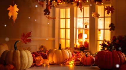 Fototapeta premium Cozy Autumn Kitchen with Pumpkins and Fall Decor on Table