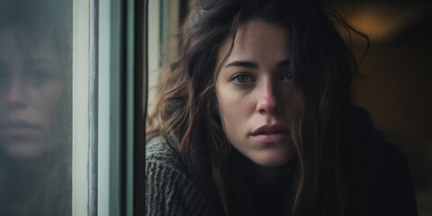 Sad lonely young woman sitting by the window in rainy weather. Generative AI.