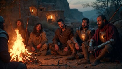 three men sit around a fire with a fire in the background.