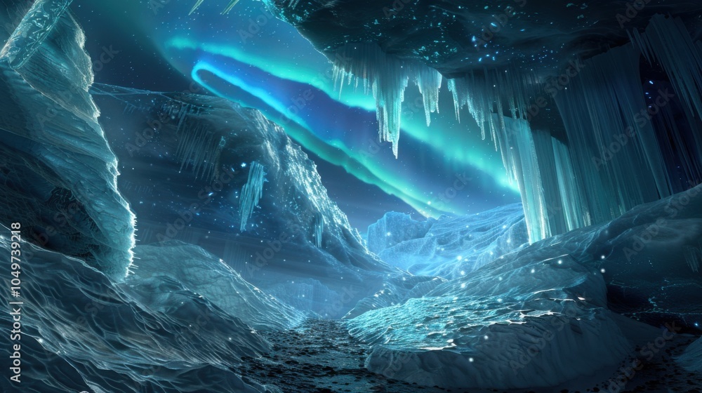 Poster A dramatic perspective of a remote ice cave with intricate, fractal ice structures and a rare, deep blue aurora borealis creating a mesmerizing display in the cave闁炽儲鐛�interior