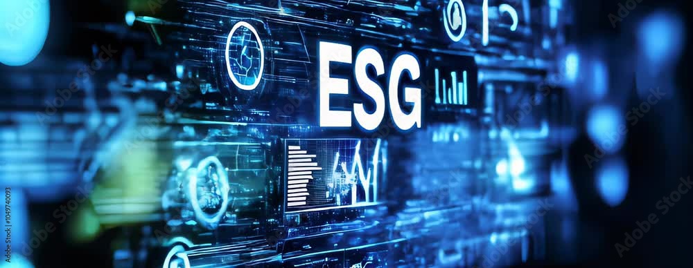 Aufkleber a cutting-edge digital display showcases esg technology. the interface is futuristic, with interconn