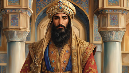 Obraz premium A realistic digital illustration of a Persian prince from the ancient empire, wearing armor mixed with elegant clothing, such as a patterned cloak and golden armbands