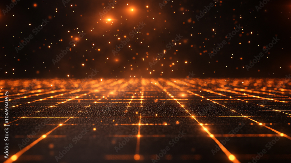 Poster glowing particles illuminate a digital grid in a dark space environment