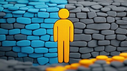 Illustration of a yellow figure on textured colorful stones.