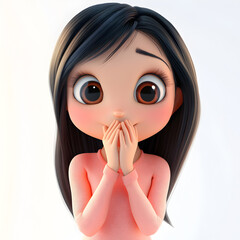 A cute, cartoon-style girl with big eyes and a surprised expression, holding her hands to her mouth.