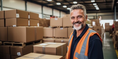 A middle-aged man working in a warehouse sending parcels with boxes. Generative AI.