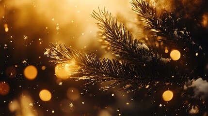 Pine tree branches gently swaying in the breeze, golden lights glowing amidst softly falling snowflakes in a tranquil winter evening.