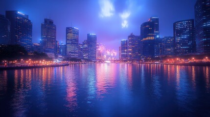 Fototapeta premium A stunning night cityscape with a river reflecting vibrant fireworks over the city skyline.